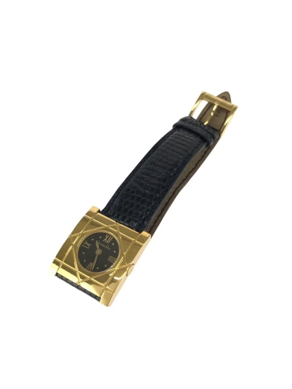 Dior Vintage Cannage Cool Carre Black Gold Stainless Steel Leather Watch